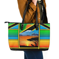 African Sunset Design Leather Tote Bag with Flag Map Mount Kilimanjaro and Wildlife Scene