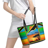 African Sunset Design Leather Tote Bag with Flag Map Mount Kilimanjaro and Wildlife Scene