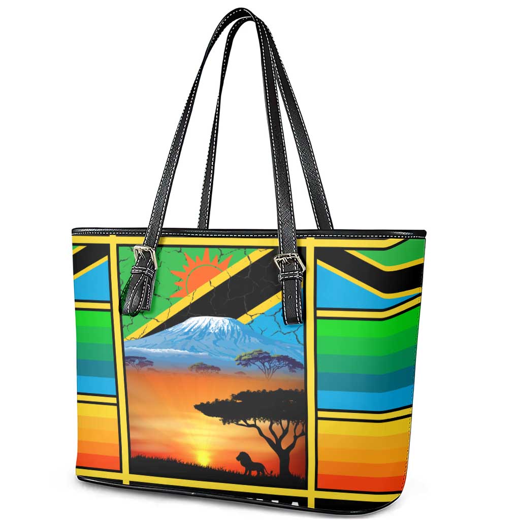 African Sunset Design Leather Tote Bag with Flag Map Mount Kilimanjaro and Wildlife Scene