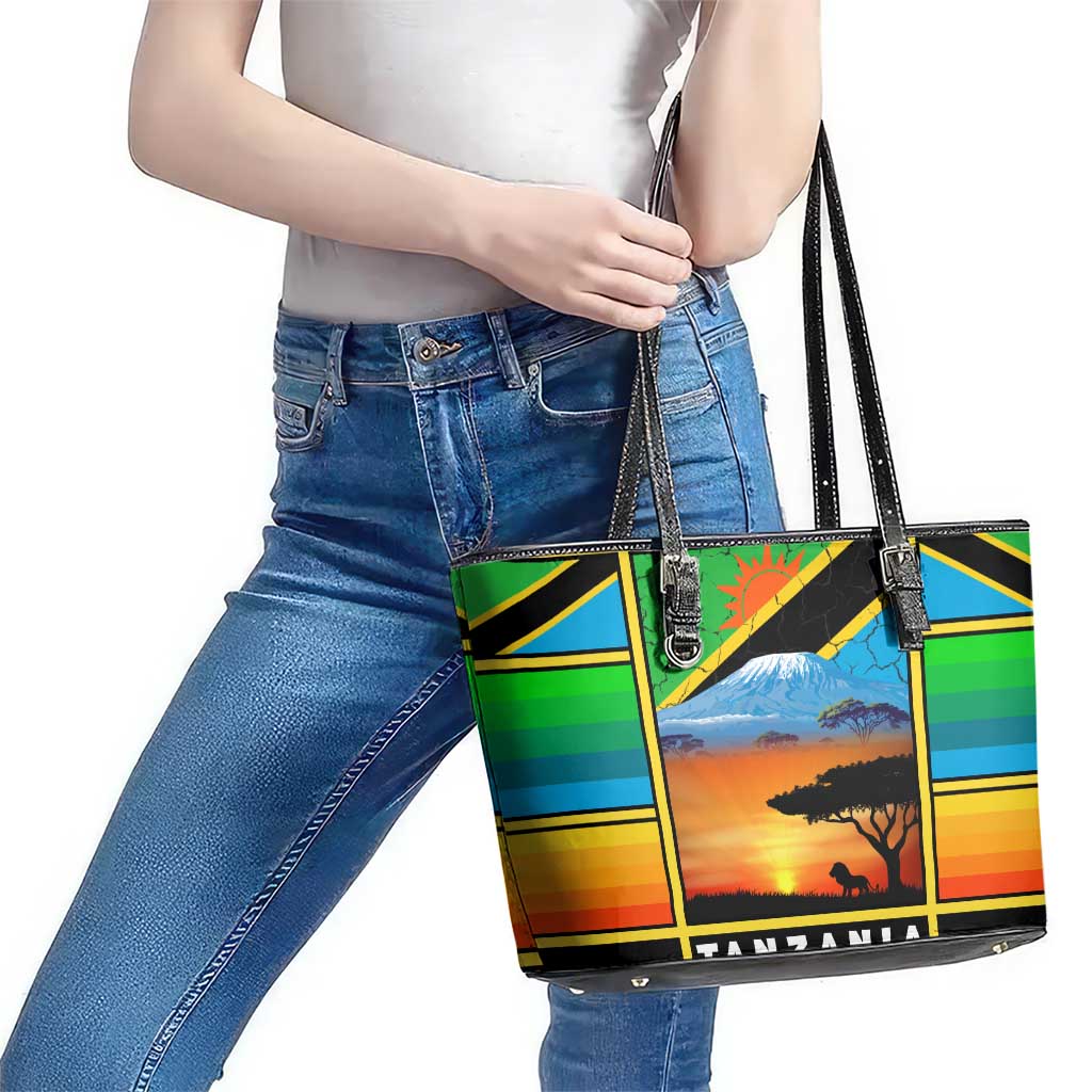 African Sunset Design Leather Tote Bag with Flag Map Mount Kilimanjaro and Wildlife Scene