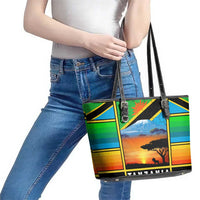 African Sunset Design Leather Tote Bag with Flag Map Mount Kilimanjaro and Wildlife Scene