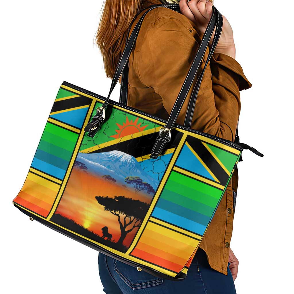 African Sunset Design Leather Tote Bag with Flag Map Mount Kilimanjaro and Wildlife Scene