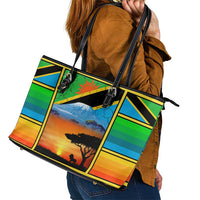 African Sunset Design Leather Tote Bag with Flag Map Mount Kilimanjaro and Wildlife Scene