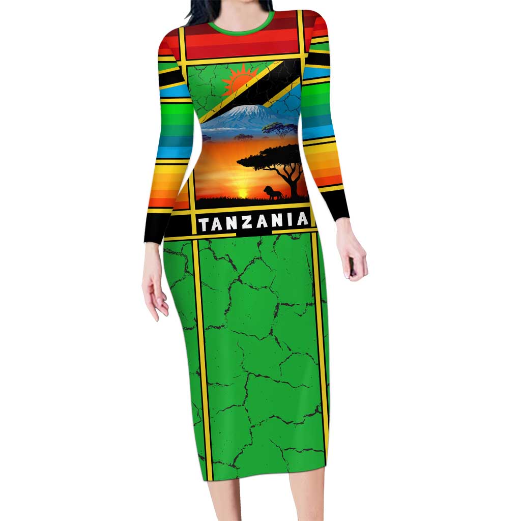 African Sunset Design Long Sleeve Bodycon Dress with Flag Map Mount Kilimanjaro and Wildlife Scene