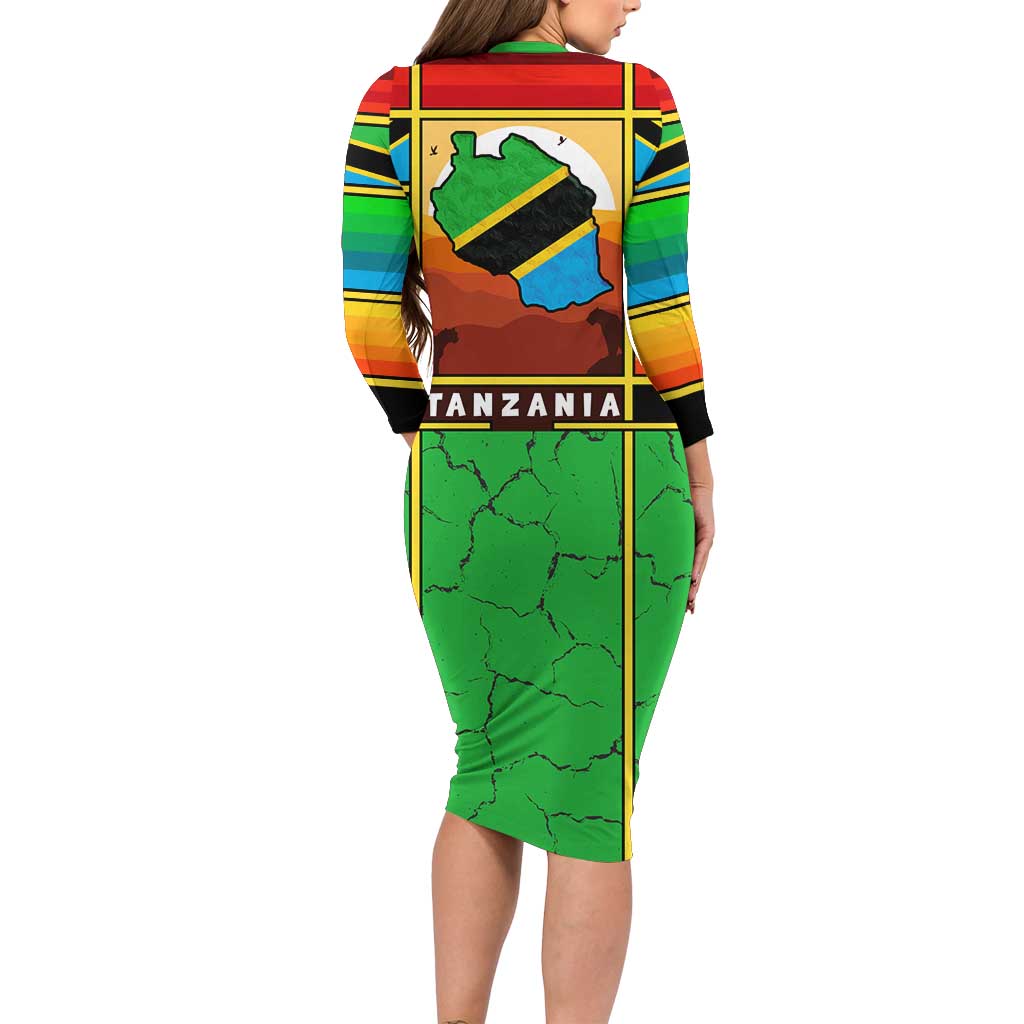 African Sunset Design Long Sleeve Bodycon Dress with Flag Map Mount Kilimanjaro and Wildlife Scene