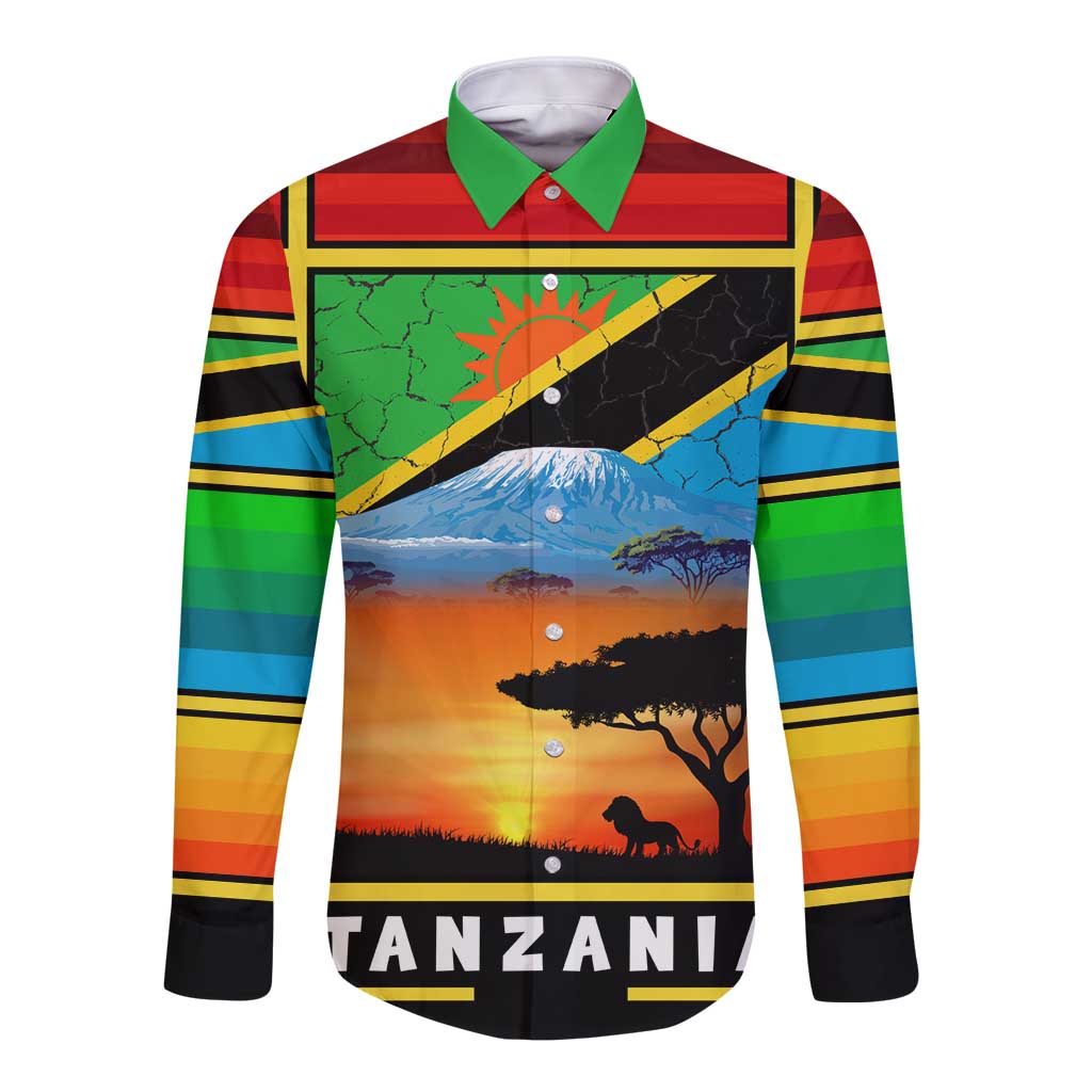 African Sunset Design Long Sleeve Button Shirt with Flag Map Mount Kilimanjaro and Wildlife Scene