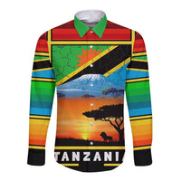 African Sunset Design Long Sleeve Button Shirt with Flag Map Mount Kilimanjaro and Wildlife Scene