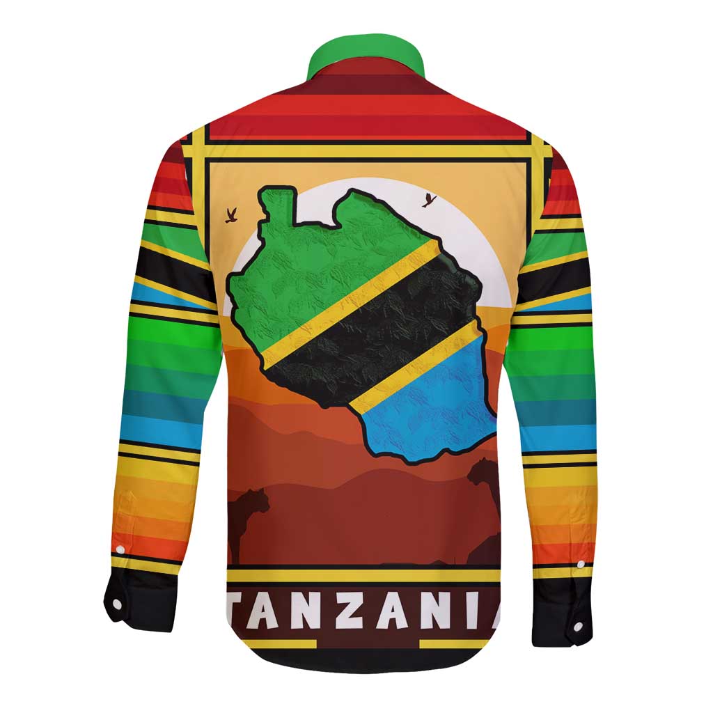 African Sunset Design Long Sleeve Button Shirt with Flag Map Mount Kilimanjaro and Wildlife Scene
