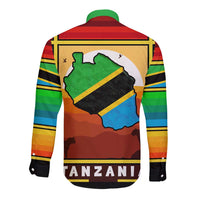 African Sunset Design Long Sleeve Button Shirt with Flag Map Mount Kilimanjaro and Wildlife Scene
