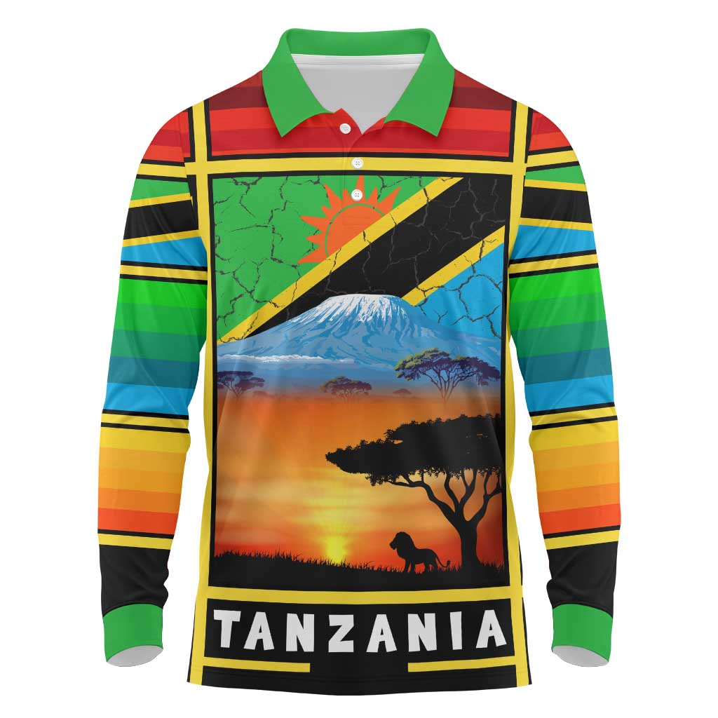 African Sunset Design Long Sleeve Polo Shirt with Flag Map Mount Kilimanjaro and Wildlife Scene