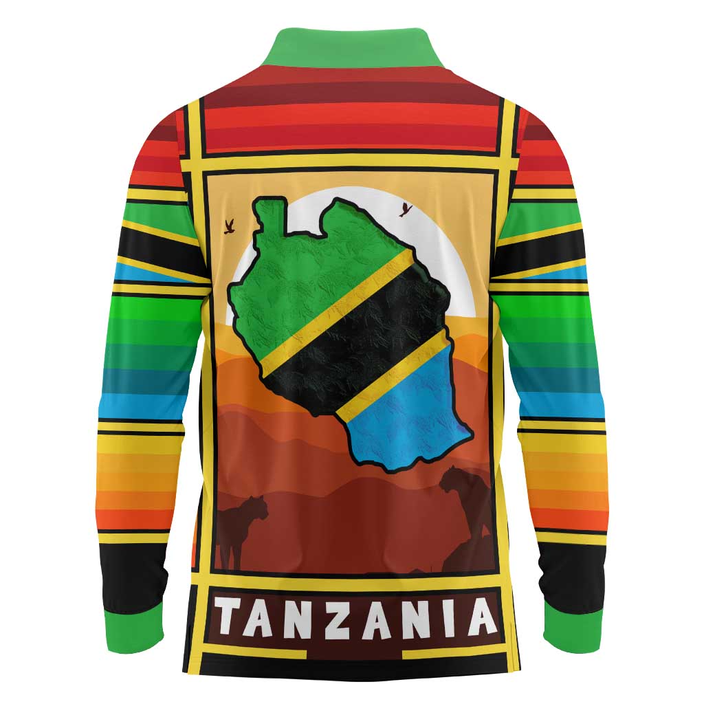 African Sunset Design Long Sleeve Polo Shirt with Flag Map Mount Kilimanjaro and Wildlife Scene