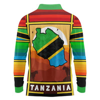 African Sunset Design Long Sleeve Polo Shirt with Flag Map Mount Kilimanjaro and Wildlife Scene