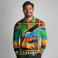 African Sunset Design Long Sleeve Polo Shirt with Flag Map Mount Kilimanjaro and Wildlife Scene