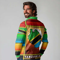 African Sunset Design Long Sleeve Polo Shirt with Flag Map Mount Kilimanjaro and Wildlife Scene