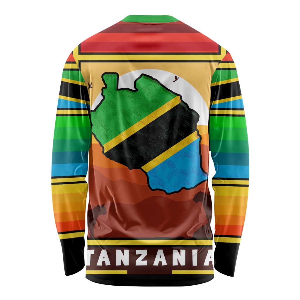 African Sunset Design Long Sleeve Shirt with Flag Map Mount Kilimanjaro and Wildlife Scene