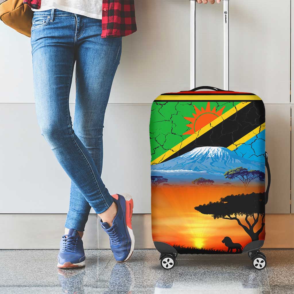 African Sunset Design Luggage Cover with Flag Map Mount Kilimanjaro and Wildlife Scene