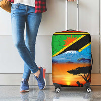 African Sunset Design Luggage Cover with Flag Map Mount Kilimanjaro and Wildlife Scene
