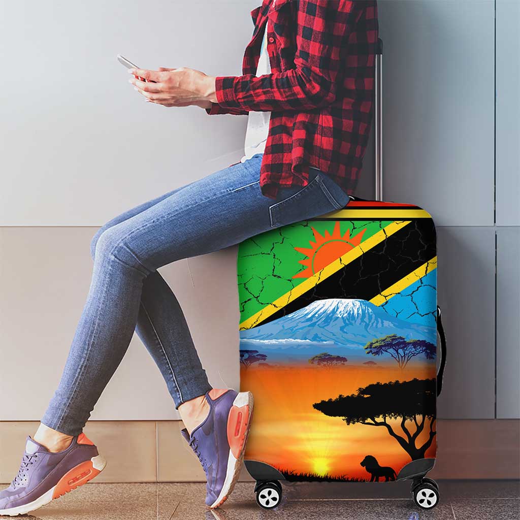 African Sunset Design Luggage Cover with Flag Map Mount Kilimanjaro and Wildlife Scene