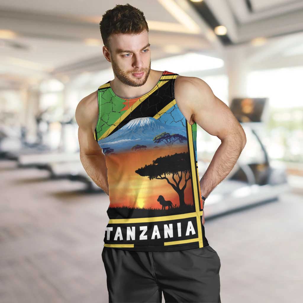 African Sunset Design Men Tank Top with Flag Map Mount Kilimanjaro and Wildlife Scene