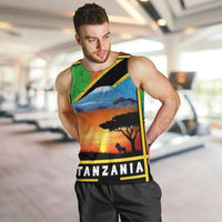 African Sunset Design Men Tank Top with Flag Map Mount Kilimanjaro and Wildlife Scene