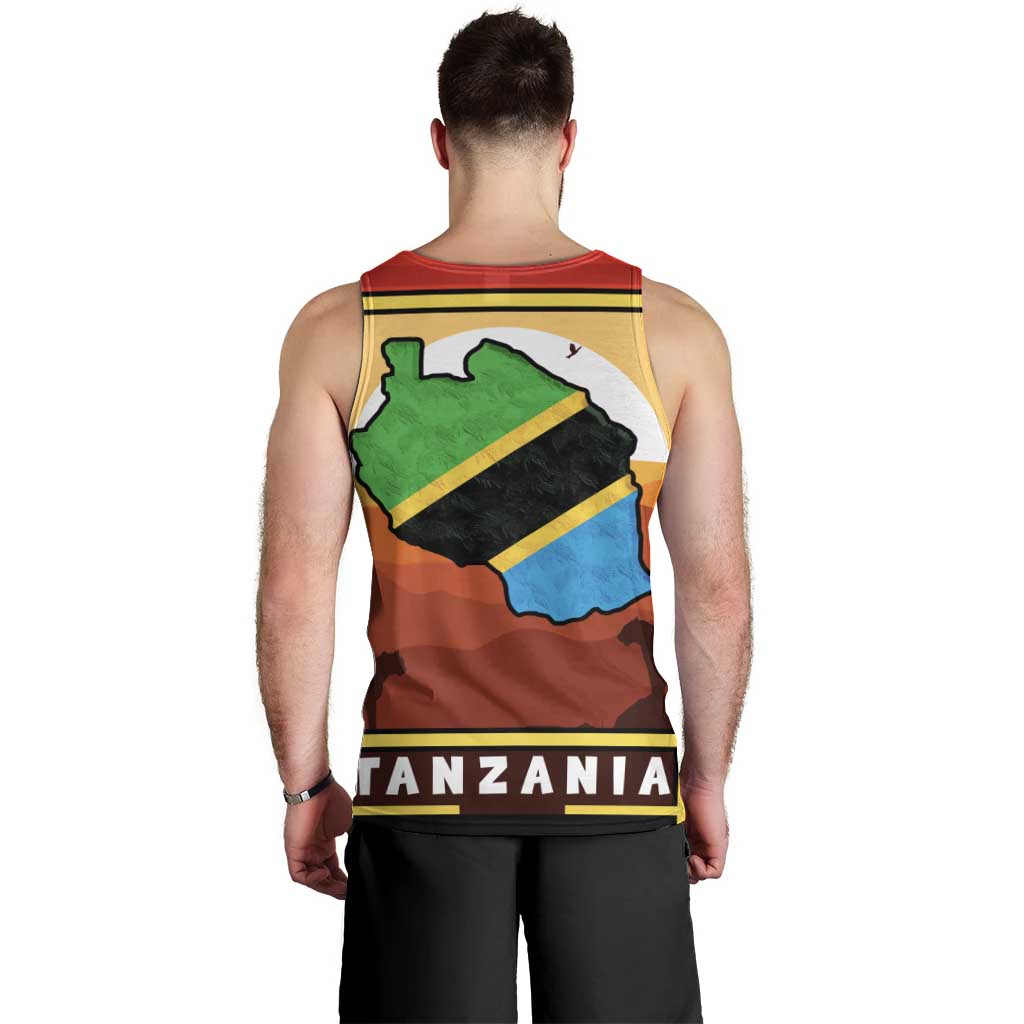 African Sunset Design Men Tank Top with Flag Map Mount Kilimanjaro and Wildlife Scene
