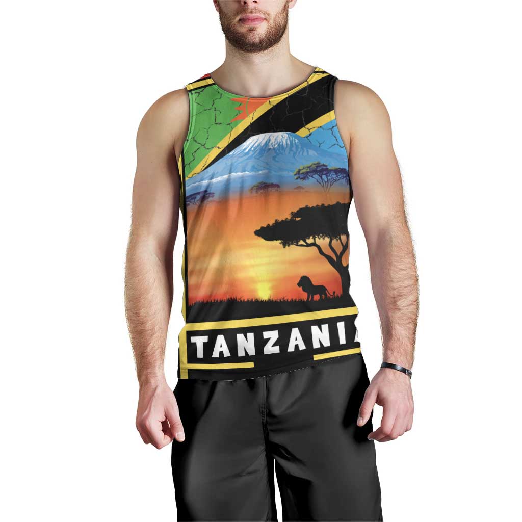 African Sunset Design Men Tank Top with Flag Map Mount Kilimanjaro and Wildlife Scene