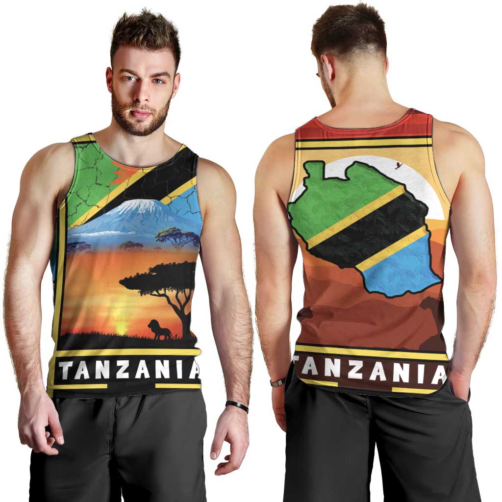 African Sunset Design Men Tank Top with Flag Map Mount Kilimanjaro and Wildlife Scene