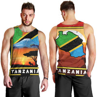 African Sunset Design Men Tank Top with Flag Map Mount Kilimanjaro and Wildlife Scene