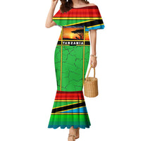 African Sunset Design Mermaid Dress with Flag Map Mount Kilimanjaro and Wildlife Scene