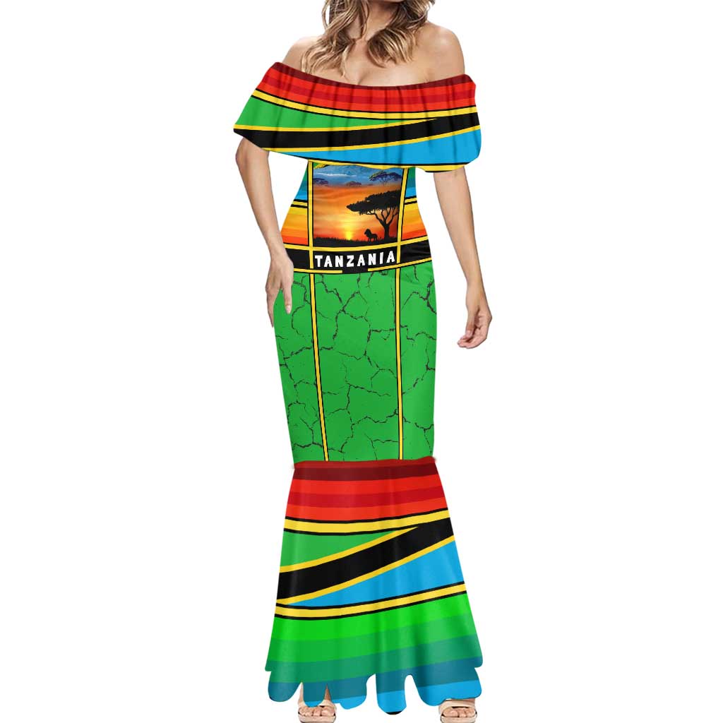 African Sunset Design Mermaid Dress with Flag Map Mount Kilimanjaro and Wildlife Scene