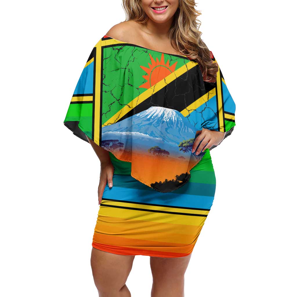 African Sunset Design Off Shoulder Short Dress with Flag Map Mount Kilimanjaro and Wildlife Scene