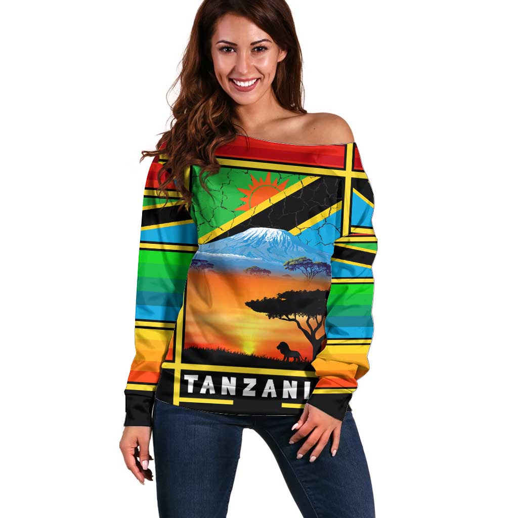 African Sunset Design Off Shoulder Sweater with Flag Map Mount Kilimanjaro and Wildlife Scene