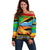 African Sunset Design Off Shoulder Sweater with Flag Map Mount Kilimanjaro and Wildlife Scene
