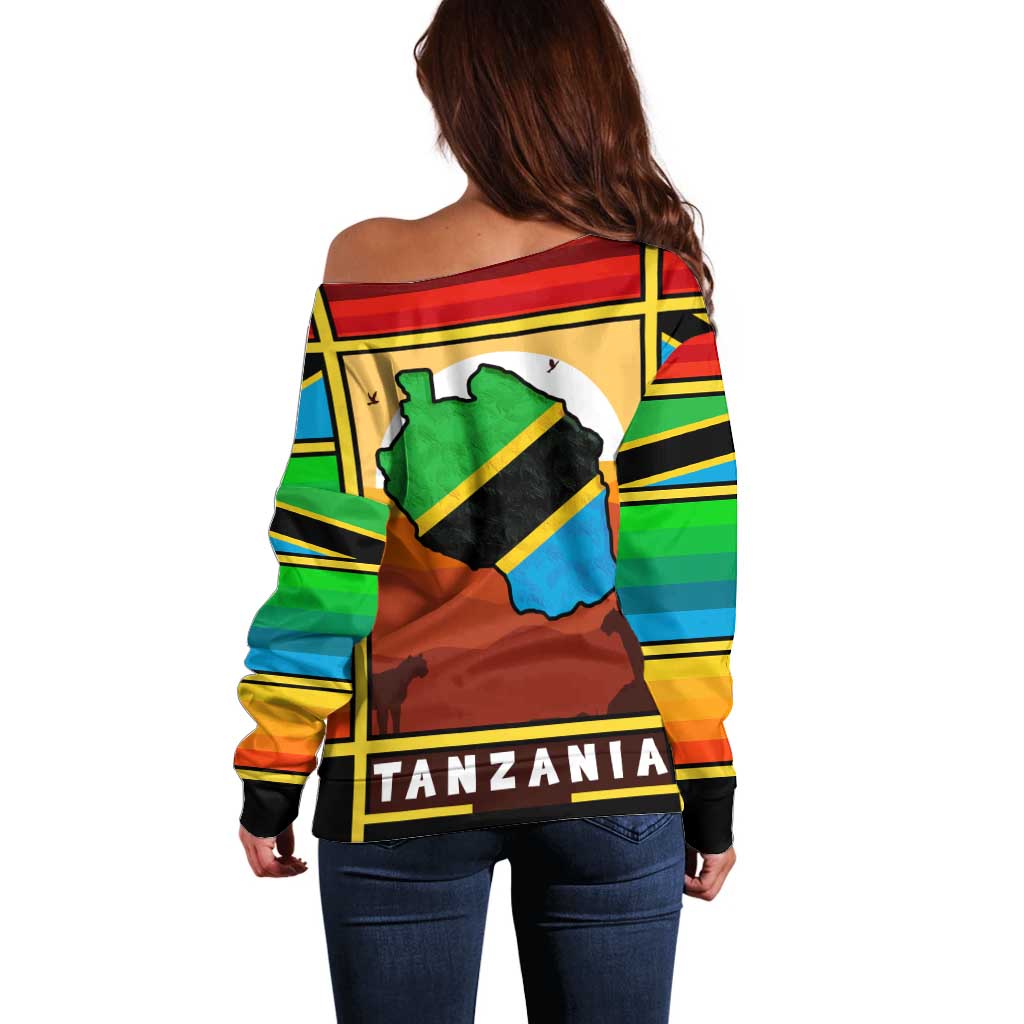 African Sunset Design Off Shoulder Sweater with Flag Map Mount Kilimanjaro and Wildlife Scene