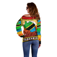 African Sunset Design Off Shoulder Sweater with Flag Map Mount Kilimanjaro and Wildlife Scene
