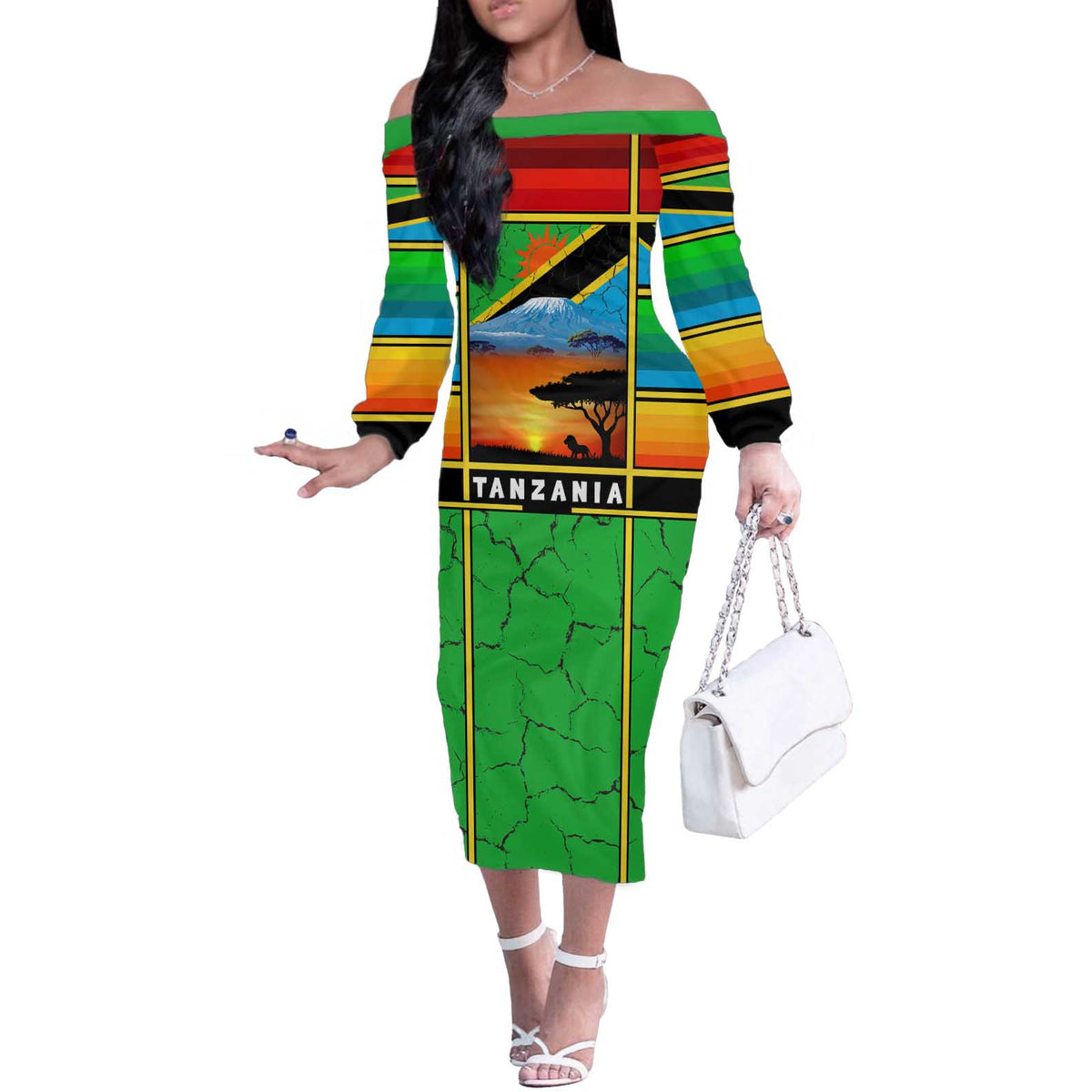 African Sunset Design Off The Shoulder Long Sleeve Dress with Flag Map Mount Kilimanjaro and Wildlife Scene