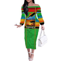 African Sunset Design Off The Shoulder Long Sleeve Dress with Flag Map Mount Kilimanjaro and Wildlife Scene