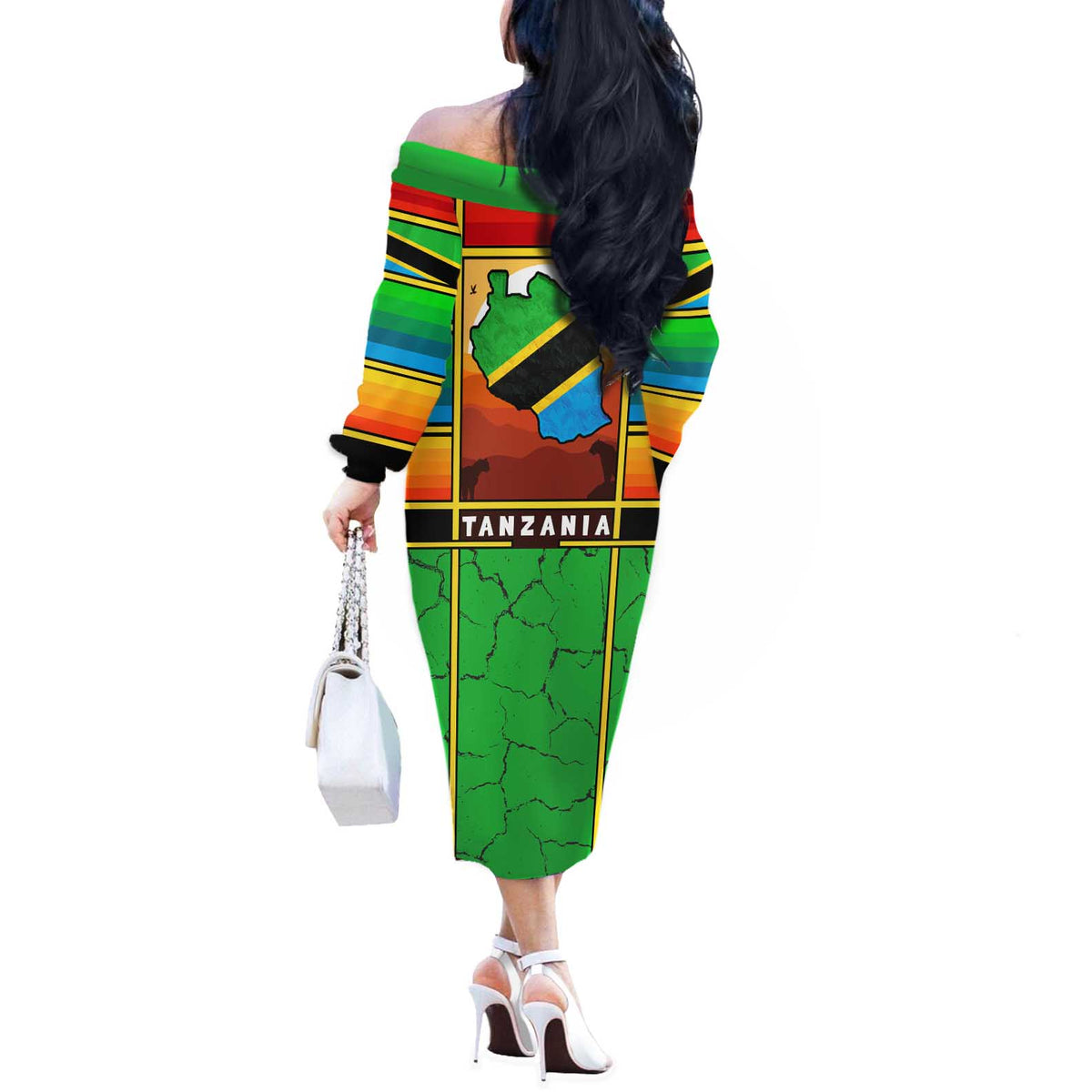 African Sunset Design Off The Shoulder Long Sleeve Dress with Flag Map Mount Kilimanjaro and Wildlife Scene