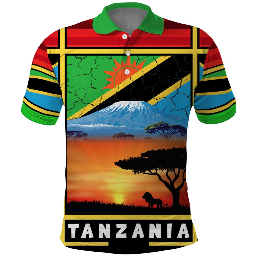 African Sunset Design Polo Shirt with Flag Map Mount Kilimanjaro and Wildlife Scene