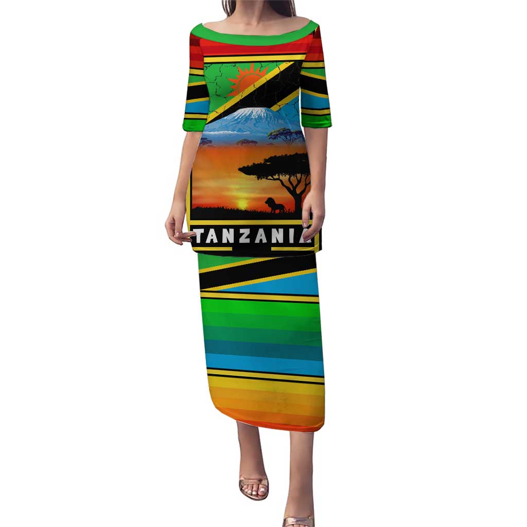African Sunset Design Puletasi with Flag Map Mount Kilimanjaro and Wildlife Scene