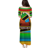 African Sunset Design Puletasi with Flag Map Mount Kilimanjaro and Wildlife Scene