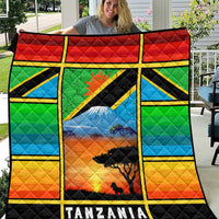 African Sunset Design Quilt with Flag Map Mount Kilimanjaro and Wildlife Scene