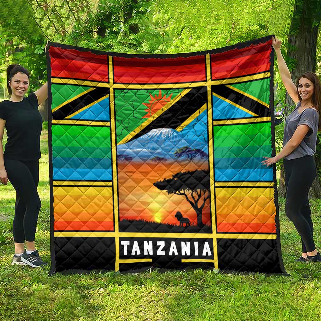 African Sunset Design Quilt with Flag Map Mount Kilimanjaro and Wildlife Scene