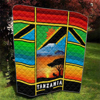 African Sunset Design Quilt with Flag Map Mount Kilimanjaro and Wildlife Scene