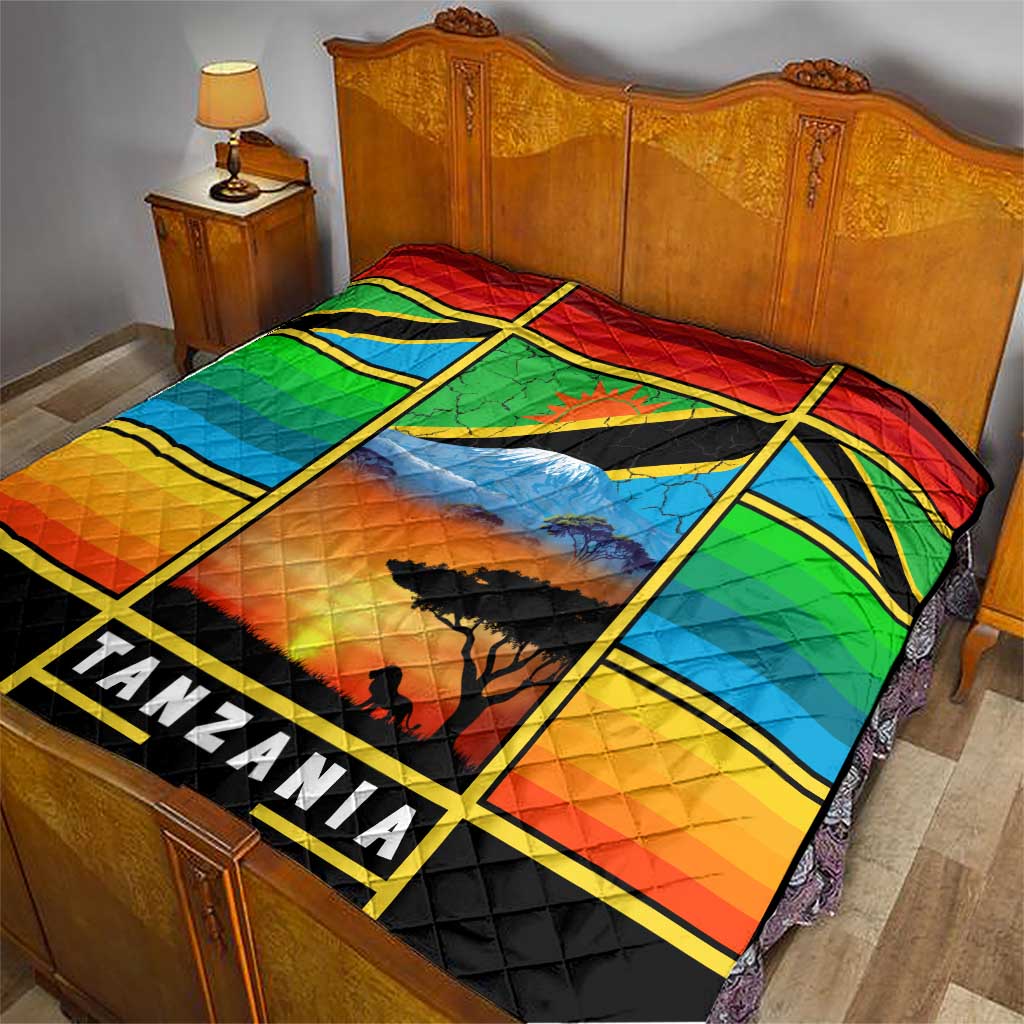 African Sunset Design Quilt with Flag Map Mount Kilimanjaro and Wildlife Scene