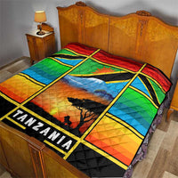 African Sunset Design Quilt with Flag Map Mount Kilimanjaro and Wildlife Scene