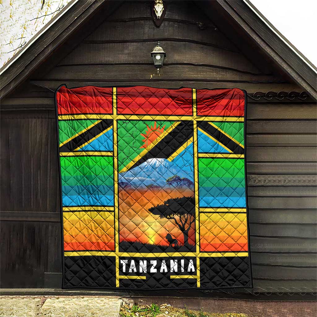 African Sunset Design Quilt with Flag Map Mount Kilimanjaro and Wildlife Scene