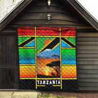 African Sunset Design Quilt with Flag Map Mount Kilimanjaro and Wildlife Scene