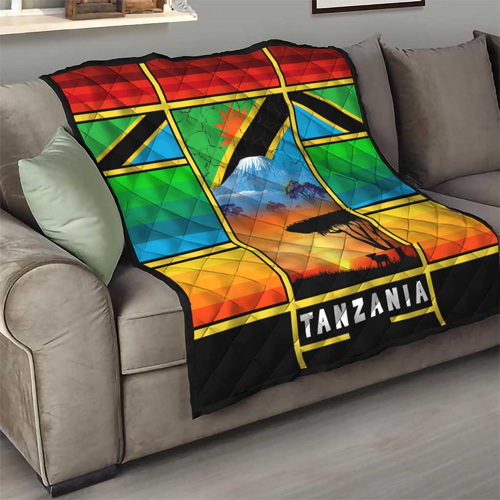 African Sunset Design Quilt with Flag Map Mount Kilimanjaro and Wildlife Scene