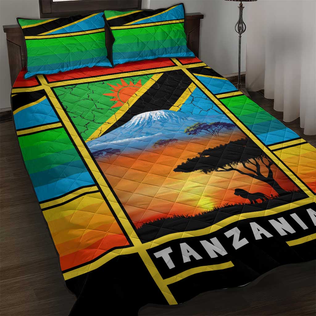 African Sunset Design Quilt Bed Set with Flag Map Mount Kilimanjaro and Wildlife Scene